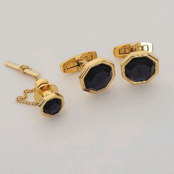 Yves Saint Laurent YSL Gold Purple Tone Rectangle Logo Cufflinks Tie Pin Set - Picture 1 of 7